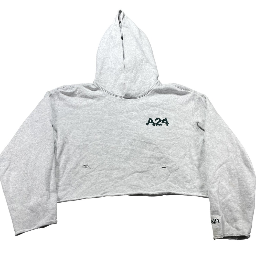 A24 Hoodie Womens Large Gray Cropped Fleece Logo Graphic Pullover Sweatshirt